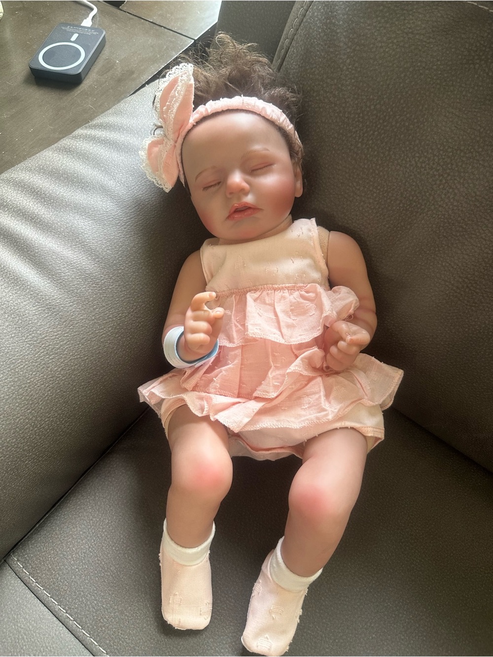 Loulou Studio Pale Pink Ruffled Sleep Baby Doll with Bow Headband